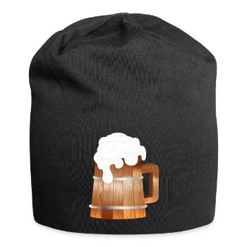 Rustikaler Bierkrug in Holzoptik mit Schaum - Jersey-Beanie - Schwarz - Vorne