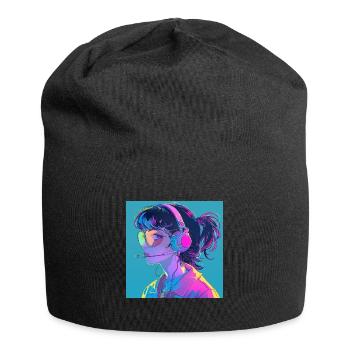 80er Jahre Anime Mädchen beruhigender hochwertiger Modedruck - Jersey-Beanie - Schwarz - Vorne