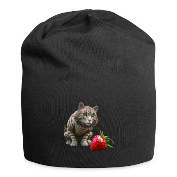 Katze vor riesiger Erdbeere - Jersey-Beanie - Schwarz - Vorne