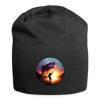 Pêcheur avec coucher de soleil de poisson géant - Bonnet en jersey - noir - Devant