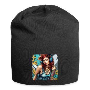 Fille cool avec des cheveux roux, des tatouages et des écouteurs - Bonnet en jersey - noir - Devant