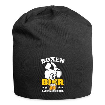 Boxen und Bier, darum bin ich hier - Spruch - Jersey-Beanie - Schwarz - Vorne