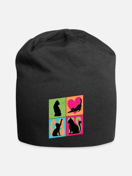 Katze Kätzchen Kater Silhouette Herz Bunt Kunst - Jersey-Beanie - Schwarz