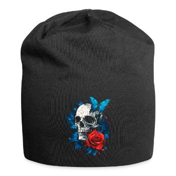 Totenkopf Totenschädel Schmetterling Rose Blume - Jersey-Beanie - Schwarz - Vorne