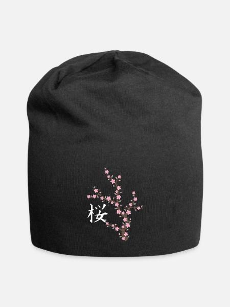 Japanese Cherry Blossom Kawaii - Jersey Beanie - black