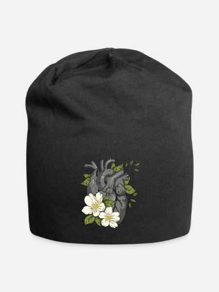 Anatomisches Herz und Blumen - Jersey-Beanie - Schwarz