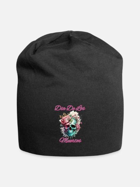 Totenschädel mit Blumen-Dia De Los Muertos - Jersey-Beanie - Schwarz