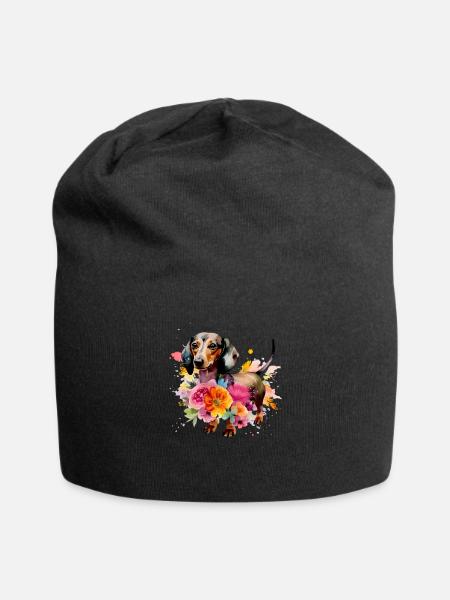 Dackel Hund Teckel Watercolor Art Blumen - Jersey-Beanie - Schwarz