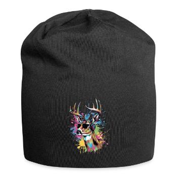 Pop Art Hirsch mit Kopfhörer Sonnenbrille Fest - Jersey-Beanie - Schwarz - Vorne