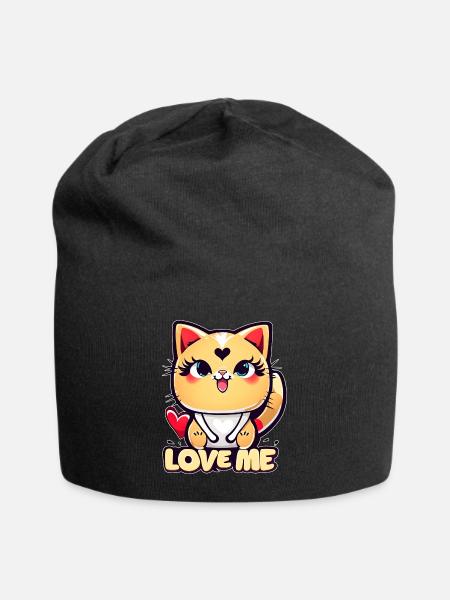 A funny chibi cat full of love - Jersey Beanie - black