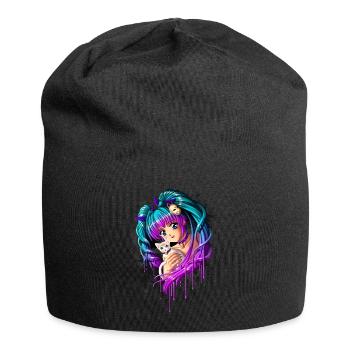 Kitten and Pigtail Manga Girl - Jersey Beanie - black - Front