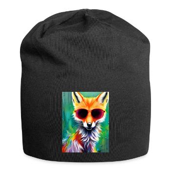 Neonfuchs mit roter Sonnenbrille - Jersey-Beanie - Schwarz - Vorne