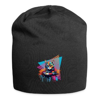 Cat Vinyl Record 80s Style - Jersey Beanie - black - Front