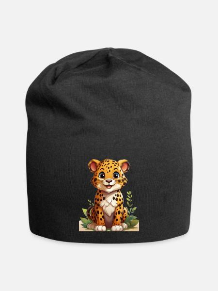 Verspieltes Jaguarmotiv mit Naturakzenten - Jersey-Beanie - Schwarz