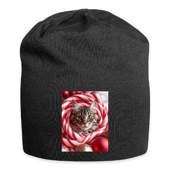 Weihnachtskatze zwischen Zuckerstangen - Jersey-Beanie - Schwarz - Vorne