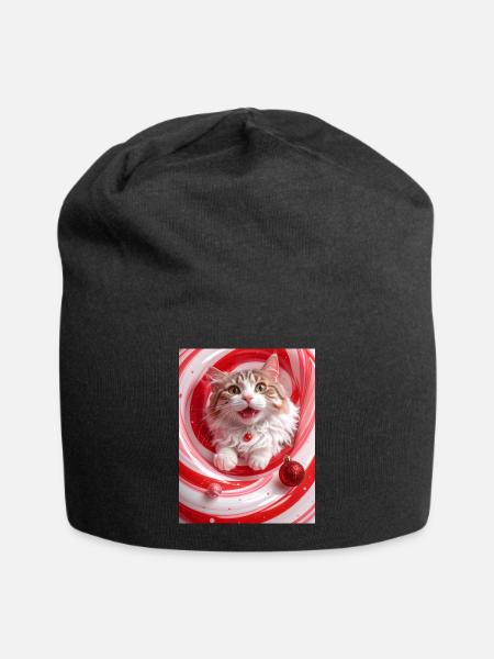 Weihnachtskatze im roten Pfefferminzwirbel - Jersey-Beanie - Schwarz