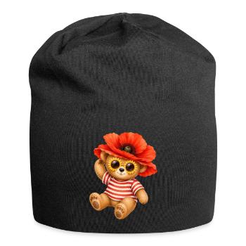 Cute Teddy Bear with Poppy Hat & Floral Glasses - Jersey Beanie - black - Front