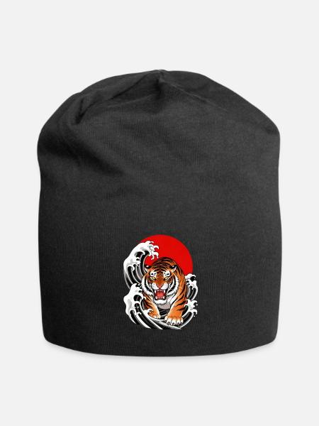 Tiger in roten Wellen - Jersey-Beanie - Schwarz