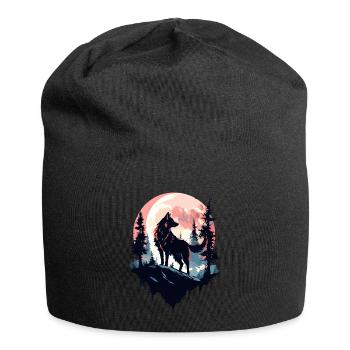 Wolf Mond Nacht Wolfskopf Wald Natur Berge Wildnis - Jersey-Beanie - Schwarz - Vorne