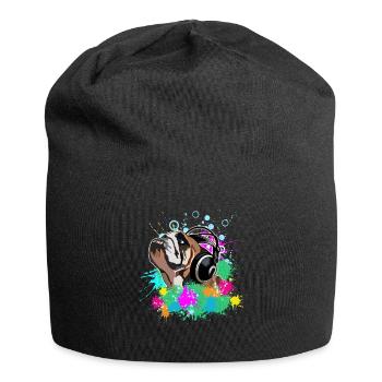 Englische Bulldogge mit Kopfhörern - Jersey-Beanie - Schwarz - Vorne