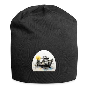 Fischerboot mit Angelruten - Jersey-Beanie - Schwarz - Vorne