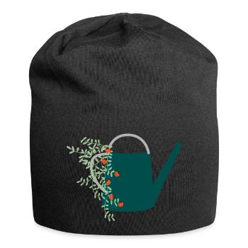 Ladybird on watering can - garden motif - Jersey Beanie - black - Front