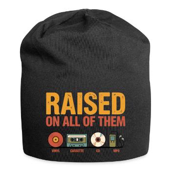 Aufgewachsen mit all diesen Vintage-Musik-Retro-Liebhabern - Jersey-Beanie - Schwarz - Vorne