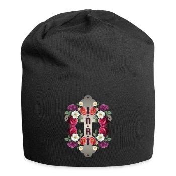Jesus Christianity, INRI cross, antique roses - Jersey Beanie - black - Front