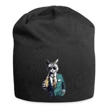 Yuppie cat with sparkling wine suit and sunglasses - Jersey Beanie - black - Front