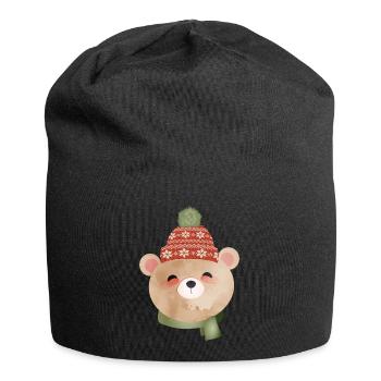cute bear with bobble hat and scarf in winter - Jersey Beanie - black - Front