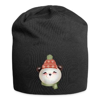 cute panda bear with bobble hat in winter - Jersey Beanie - black - Front