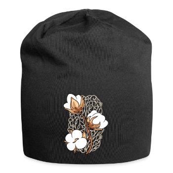 Élément ornemental avec brindille de coton fleurie - Bonnet en jersey - noir - Devant