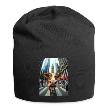 Selfie de vache drôle sur un strass de ville animée - Bonnet en jersey - noir - Devant