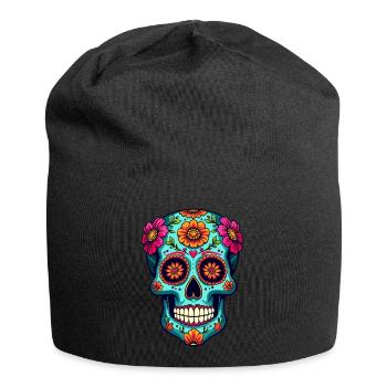 Crâne en sucre floral – Art coloré du Jour des Morts - Bonnet en jersey - noir - Devant