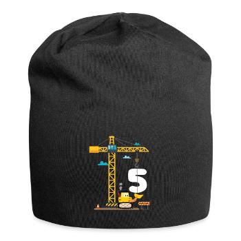 Enfants 5ème anniversaire garçons avec grue et excavatrice, - Bonnet en jersey - noir - Devant