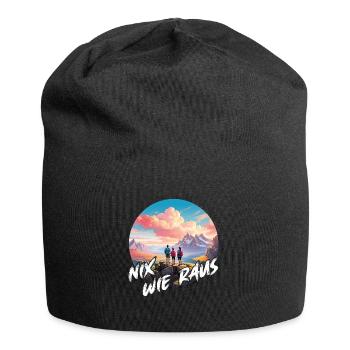 Familie beim Wandern genießt die Aussicht - Jersey-Beanie - Schwarz - Vorne