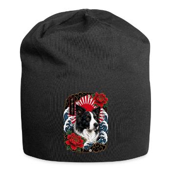 Border Collie im japanischen Irezumi Stil - Jersey-Beanie - Schwarz - Vorne