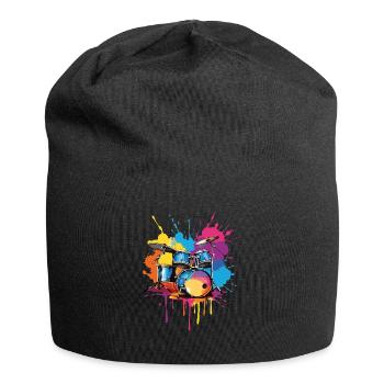 Schlagzeug auf bunten Farbklecksen - Jersey-Beanie - Schwarz - Vorne