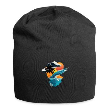 Sonnenuntergang am Meer - Sonne, Meer und Palme - Jersey-Beanie - Schwarz - Vorne