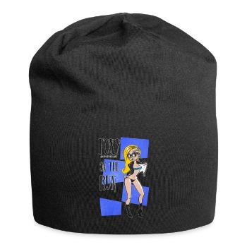 Nerd Geek Hipster Retro Pinup Blonde (blue bg) - Jersey Beanie - black - Front