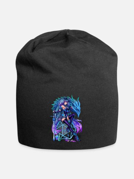 Anime Inspired Dragon Girl sitting on a D20 Die - Jersey Beanie - black