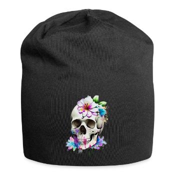 Schädel mit Lilien - Jersey-Beanie - Schwarz - Vorne