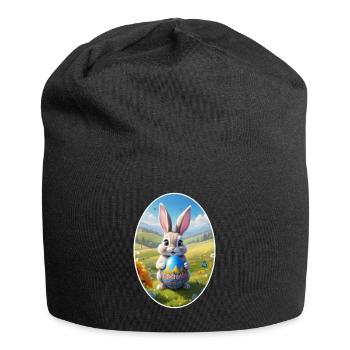 Easter Bunny with Egg, Oval - Jersey Beanie - black - Front