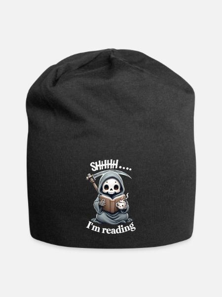 Sensenmann liest ein Buch mit Kaffee - Jersey-Beanie - Schwarz