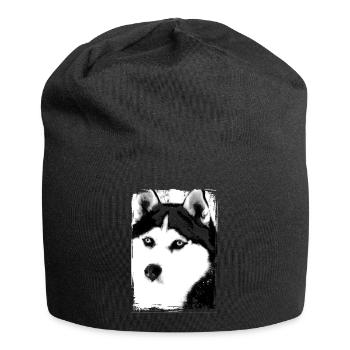 Schwarz-Weiß Husky Porträt auf Textil - Jersey-Beanie - Schwarz - Vorne