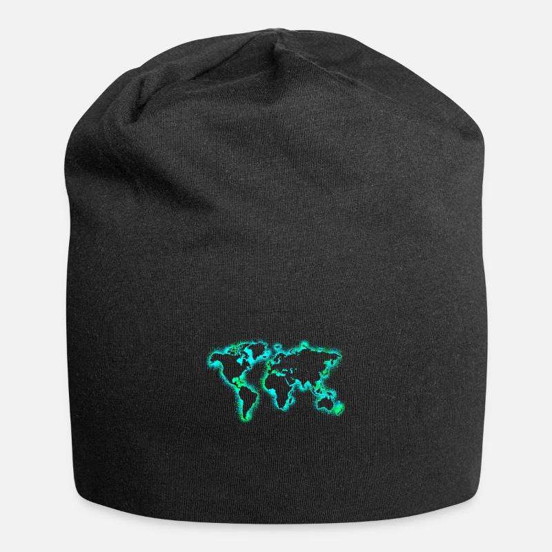 World Map Earth Map Earthday Neon Blue - Jersey Beanie - black
