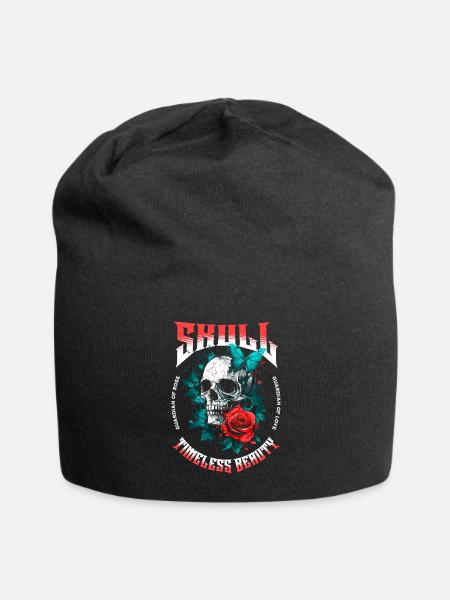 Totenkopf Totenschädel Schmetterling Rose Blume - Jersey-Beanie - Schwarz