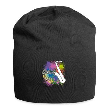 Saxofonsilhouette und Musiknoten auf Farbklecksen - Jersey-Beanie - Schwarz - Vorne