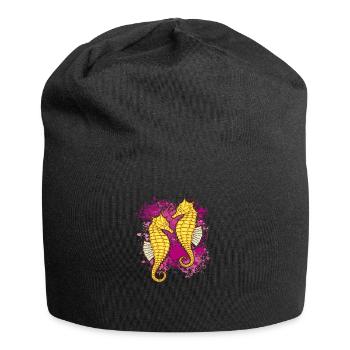 Zwei Seepferdchen auf bunten Farbklecksen - Jersey-Beanie - Schwarz - Vorne