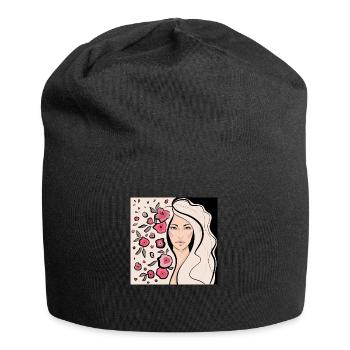 Visage de femme aux cheveux ouverts et aux fleurs - Bonnet en jersey - noir - Devant